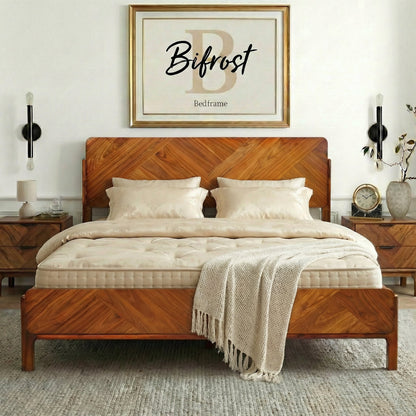 Caramel-colored Megsu Bifrost solid wood king bed frame with sturdy construction and sleek design, shown in a bedroom setting.