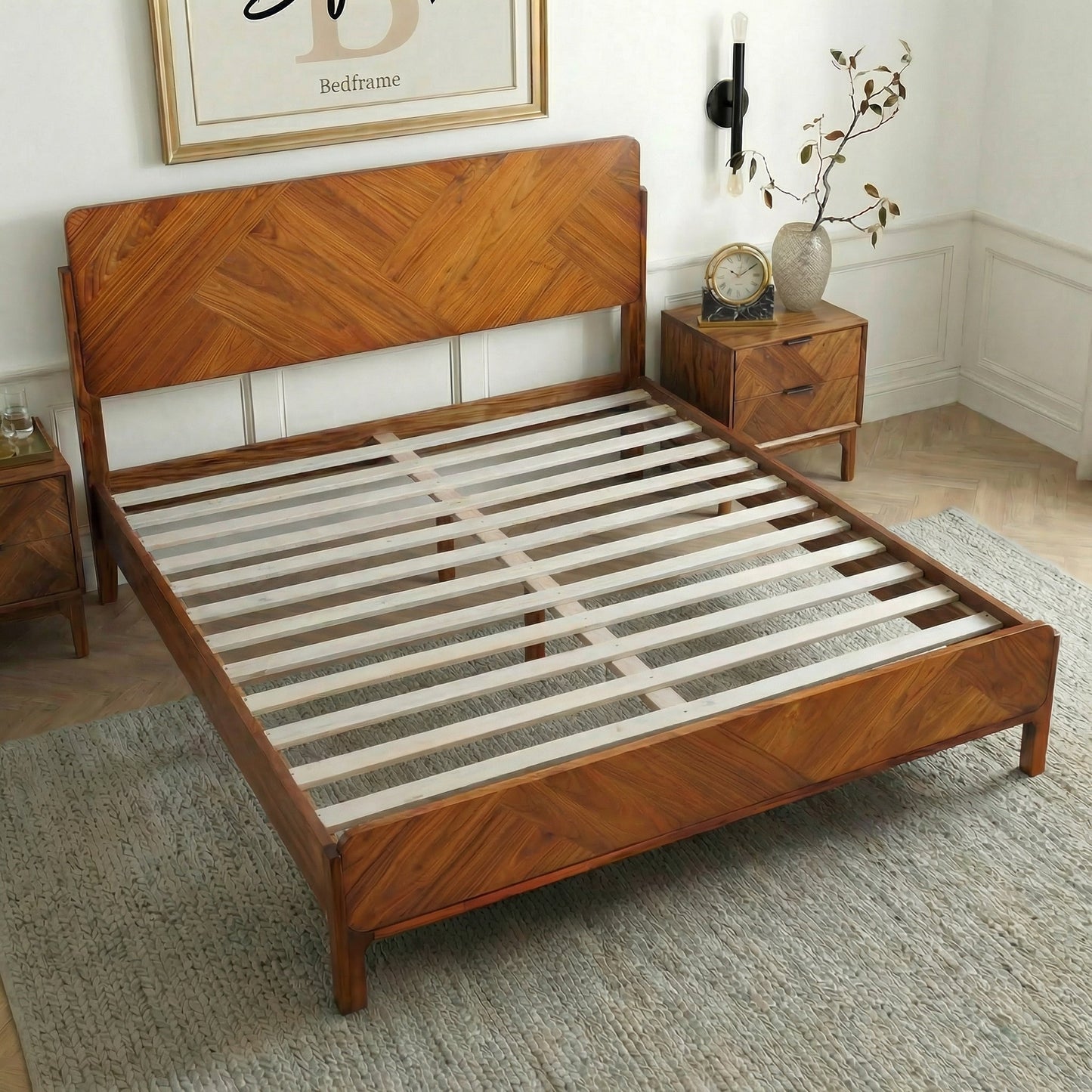 Caramel Bifrost solid wood king bed frame by Megsu with a sturdy, modern design and natural wood finish.