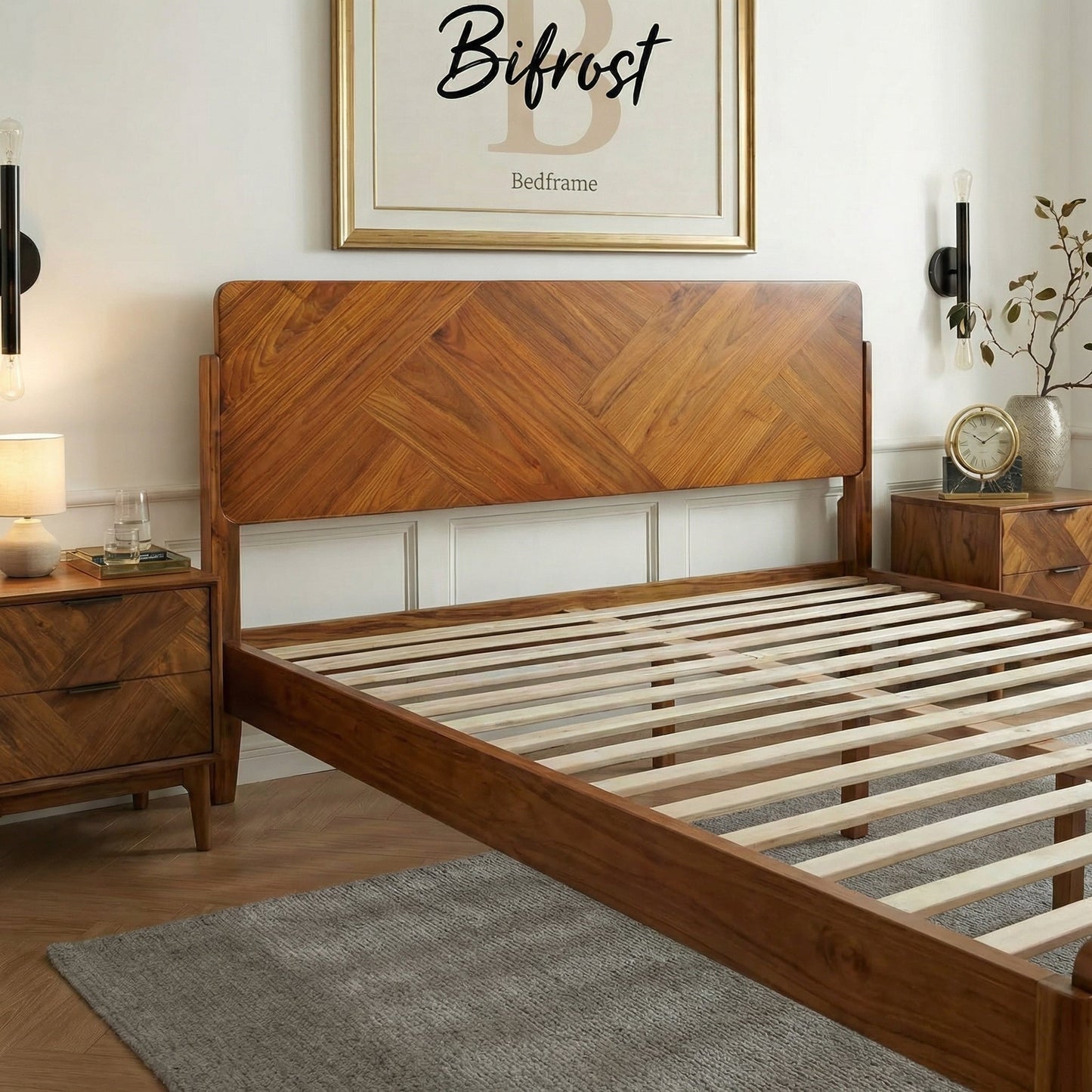 Caramel Megsu Bifrost solid wood king bed frame with sturdy construction and elegant design, shown in a well-lit bedroom setting.