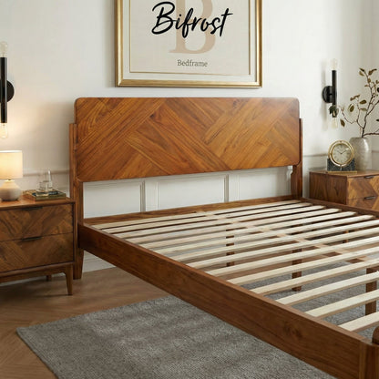 Caramel Megsu Bifrost solid wood king bed frame with sturdy construction and elegant design, shown in a well-lit bedroom setting.