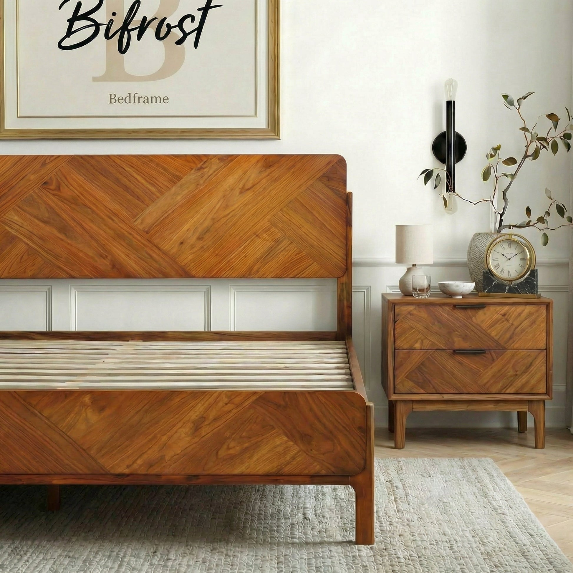 Megsu Bifrost solid wood king bed frame in caramel finish, showcasing sturdy construction and elegant design.