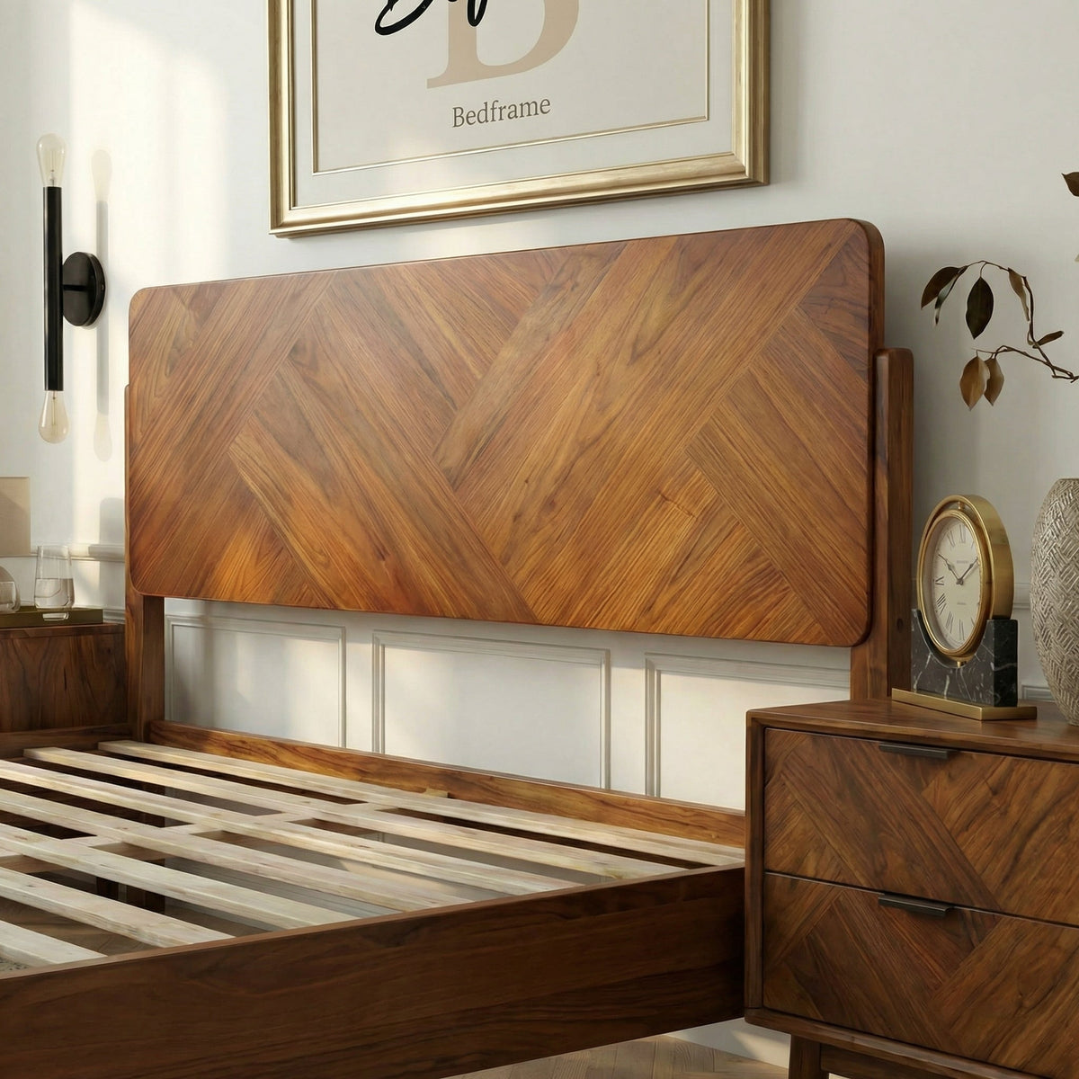 Megsu Bifrost solid wood king bed frame in caramel finish, showcasing its sturdy construction and sleek design.