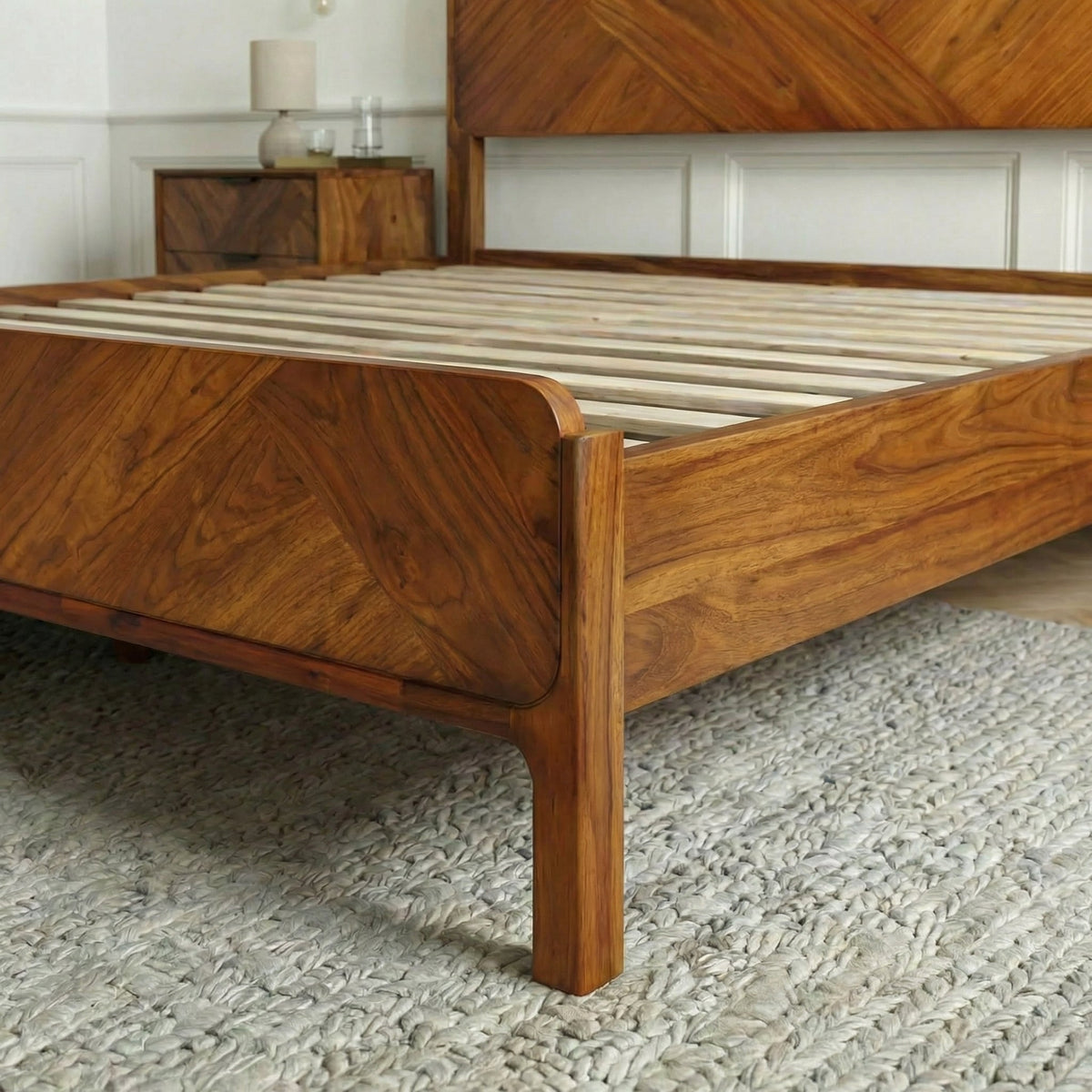 Caramel Megsu Bifrost solid wood king bed frame with sturdy construction and sleek design, showcasing the elegant wood finish.