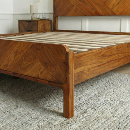 Caramel Megsu Bifrost solid wood king bed frame with sturdy construction and sleek design, showcasing the elegant wood finish.