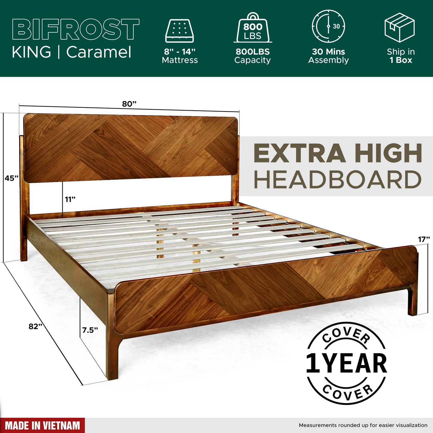 Caramel Bifrost solid wood king bed frame by Megsu, showcasing a sturdy and elegant design with a natural wood finish.