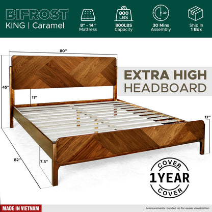 Caramel Bifrost solid wood king bed frame by Megsu, showcasing a sturdy and elegant design with a natural wood finish.