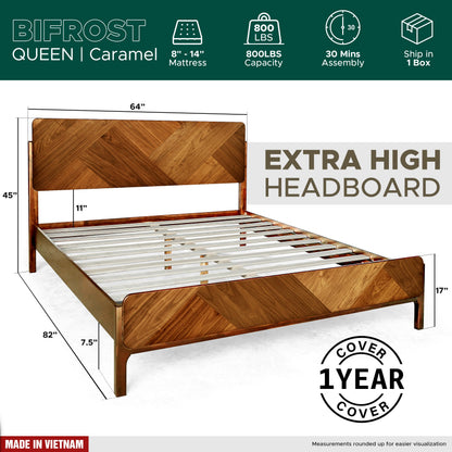 Caramel Megsu Bifrost solid wood king bed frame with sturdy construction and sleek design, shown in a modern bedroom setting.