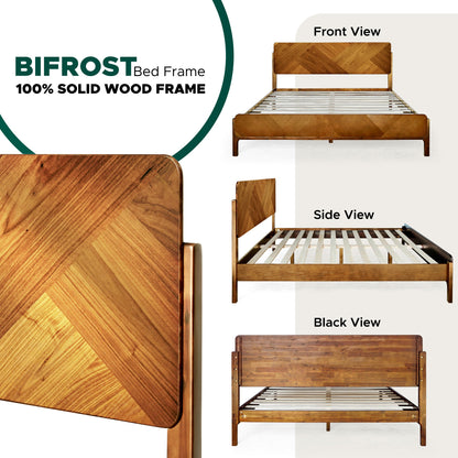 Megsu Bifrost solid wood king bed frame in caramel finish, showcasing its sturdy design and elegant craftsmanship.
