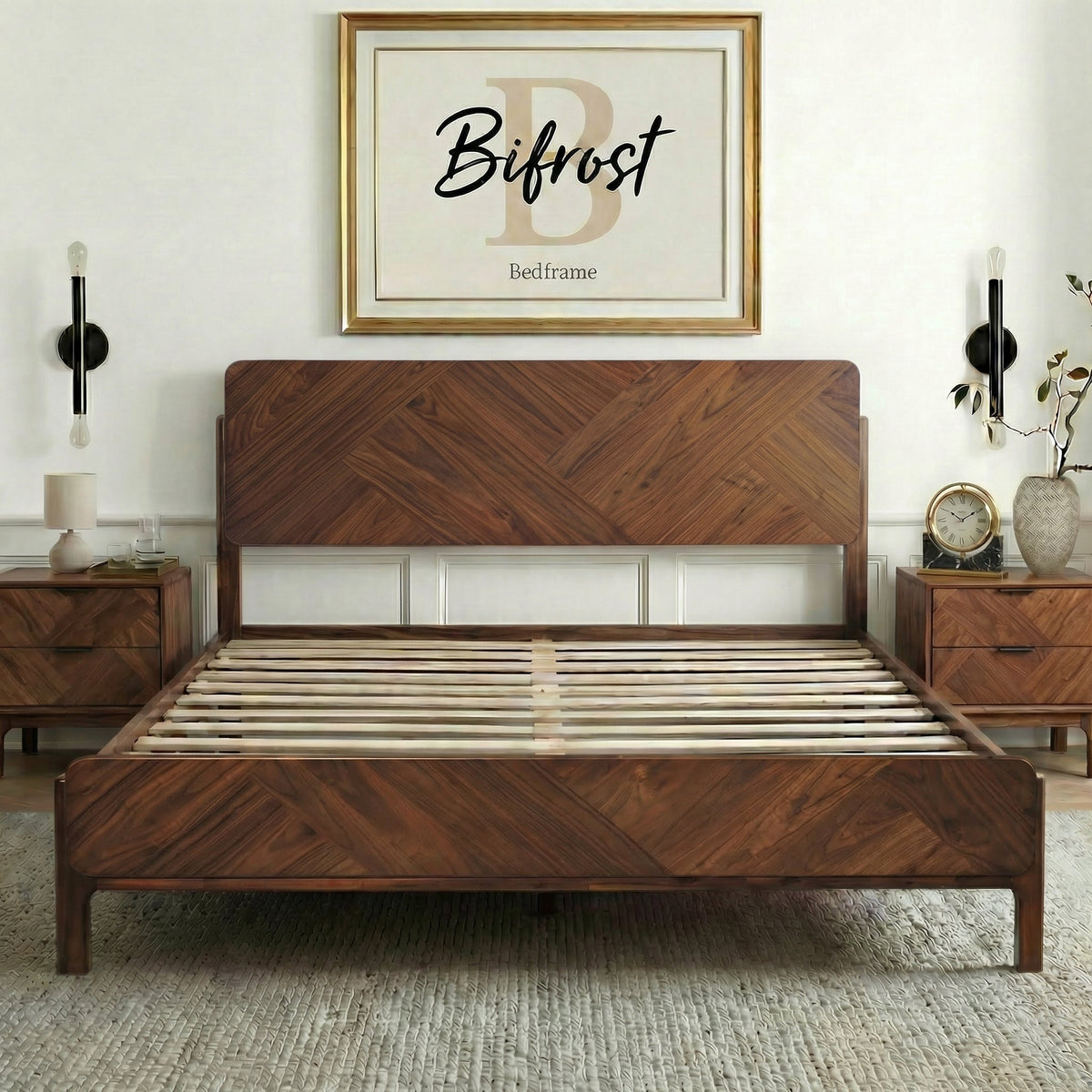 Caramel Megsu Bifrost solid wood king bed frame with sturdy design and elegant finish, showcasing the natural wood grain.