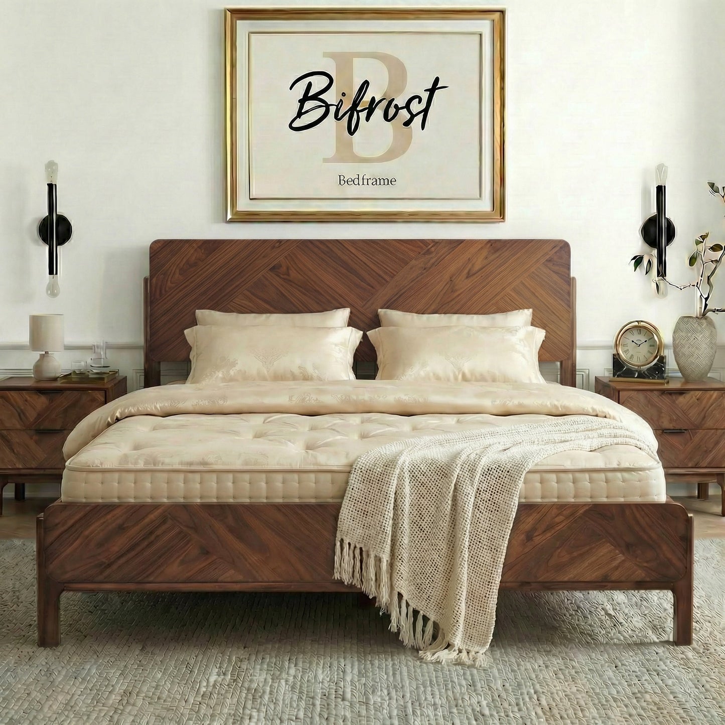 Caramel Megsu Bifrost solid wood king bed frame with sturdy construction and stylish design, shown in the product image.