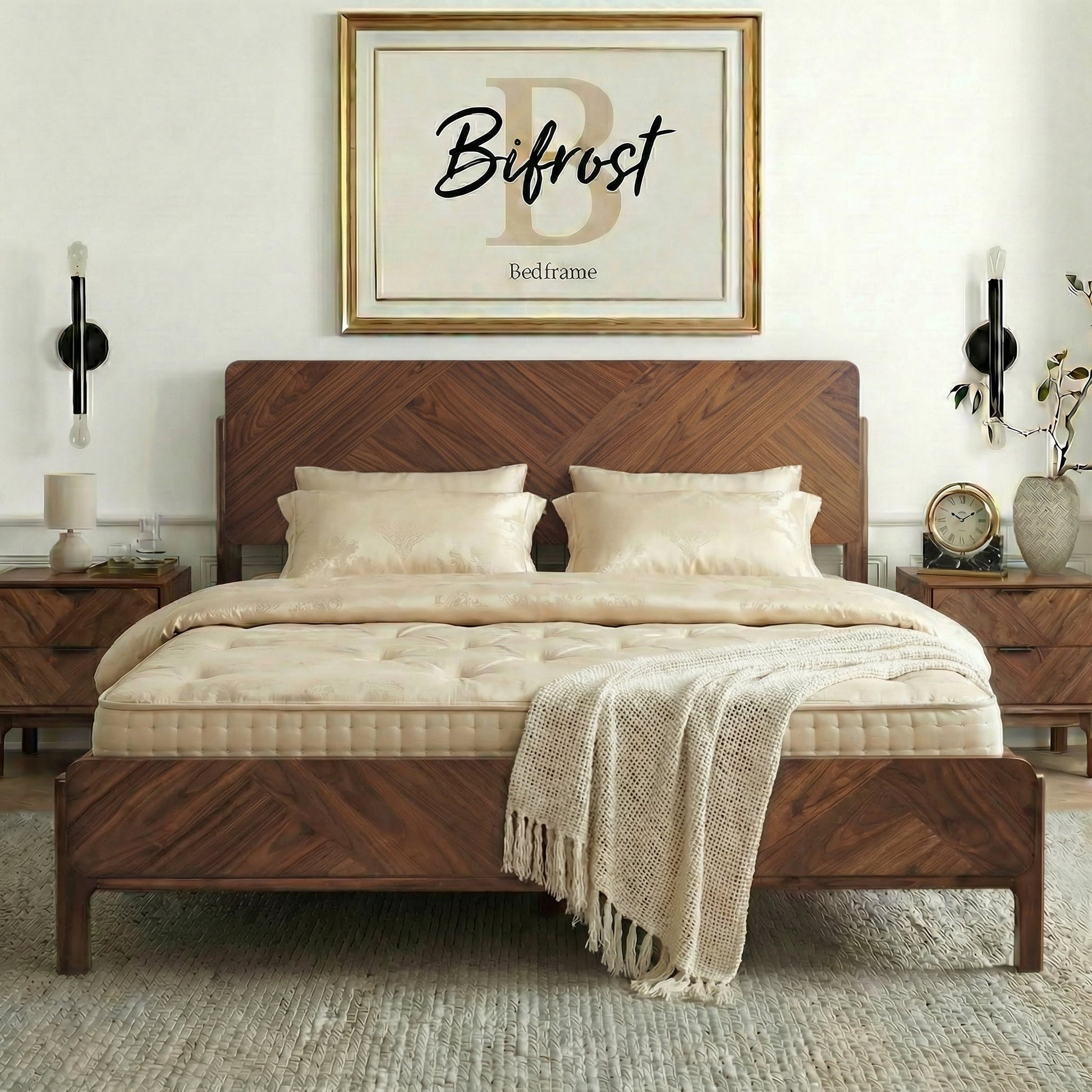 Caramel Megsu Bifrost solid wood king bed frame with sturdy construction and stylish design, shown in the product image.