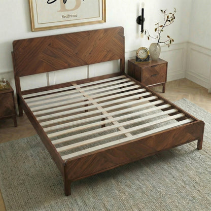 Caramel Megsu Bifrost solid wood king bed frame with sturdy construction and sleek design, shown from side angle.