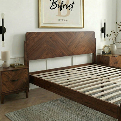 Caramel-colored Megsu Bifrost solid wood king bed frame with sturdy design and sleek finish, showcasing natural wood grain details.