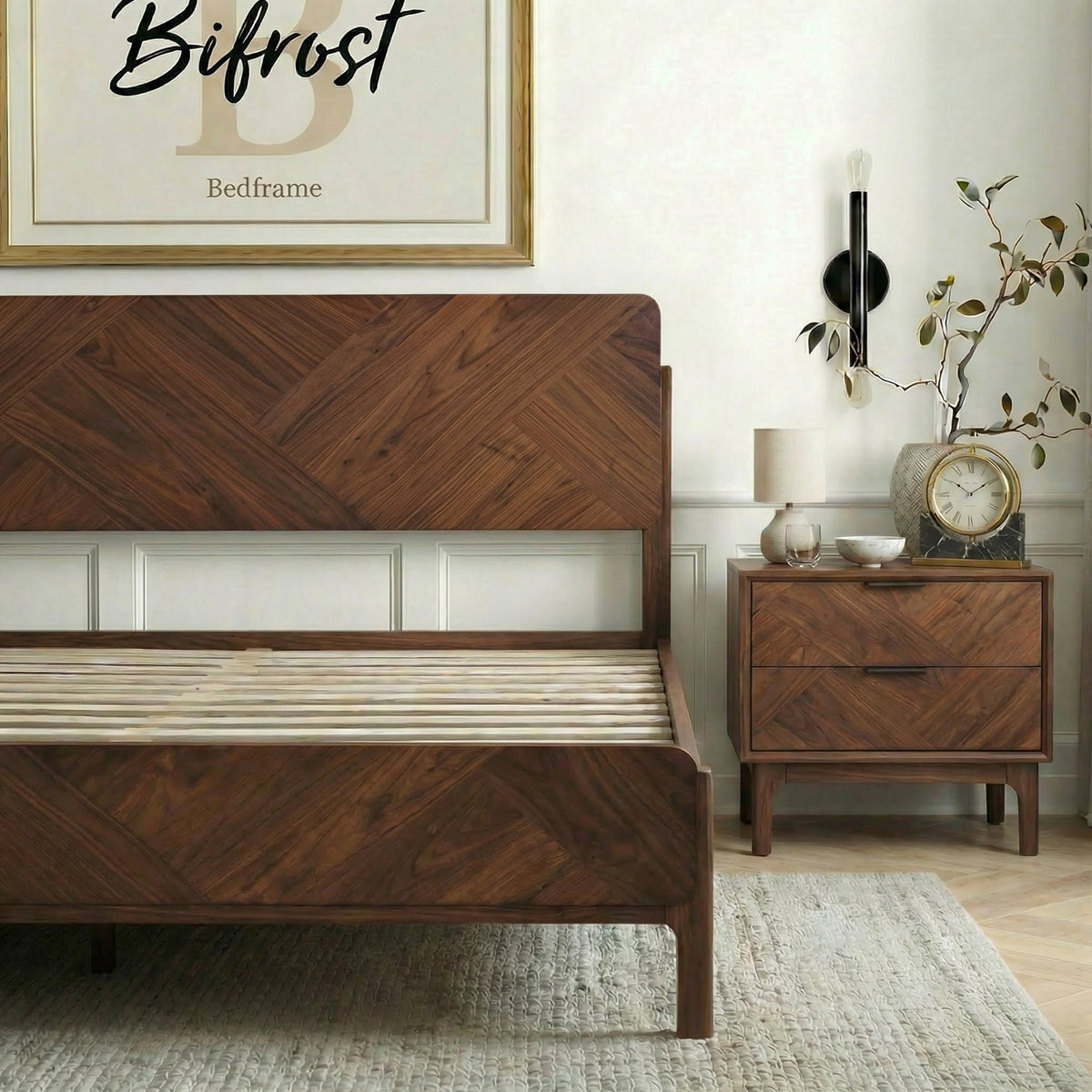 Caramel Bifrost solid wood king bed frame by Megsu with clean lines and sturdy construction, shown in a modern bedroom setting.