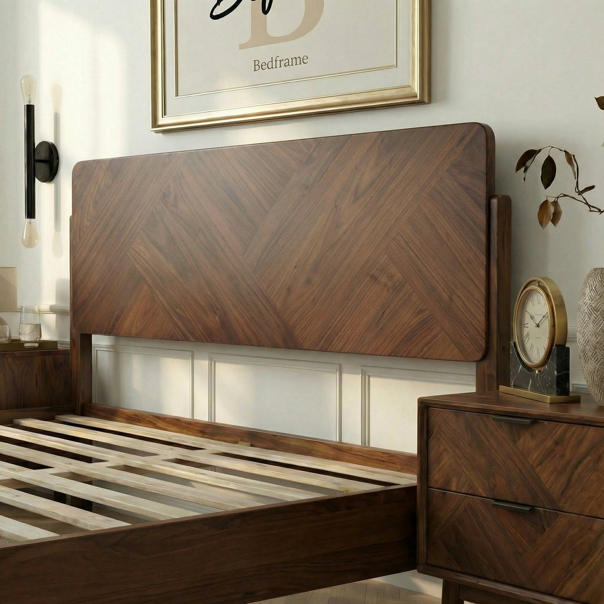 Megsu Bifrost solid wood king bed frame in caramel finish, showcasing its sturdy construction and elegant design.