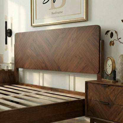Megsu Bifrost solid wood king bed frame in caramel finish, showcasing its sturdy construction and elegant design.