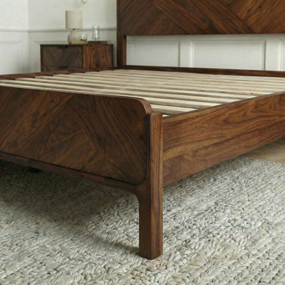 King-sized Megsu Bifrost solid wood bed frame in warm caramel finish, showcasing sturdy construction and elegant design.