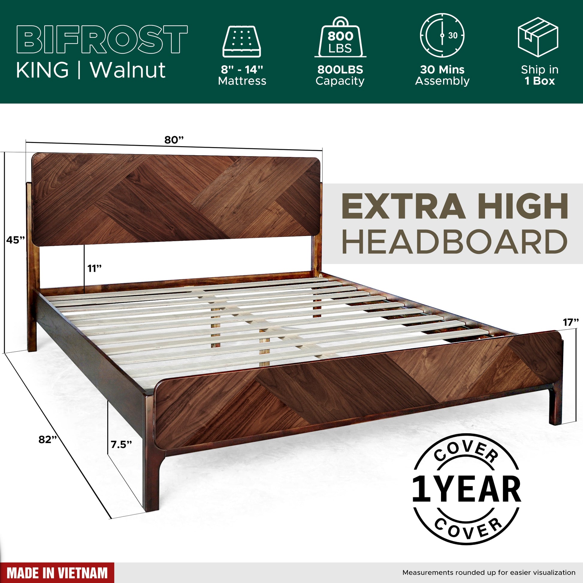 Caramel Megsu Bifrost solid wood king bed frame with sturdy construction and sleek design, shown in a modern bedroom setting.