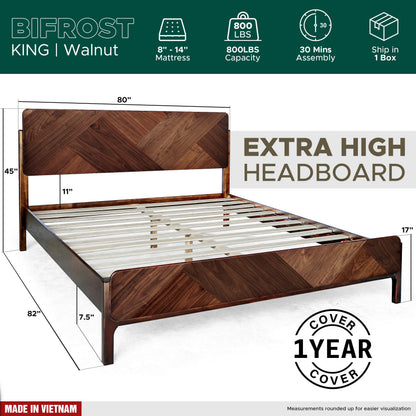 Caramel Megsu Bifrost solid wood king bed frame with sturdy construction and sleek design, shown in a modern bedroom setting.