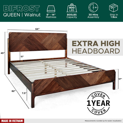 Caramel Megsu Bifrost solid wood king bed frame with sleek design and sturdy construction, shown in a well-lit bedroom setting.