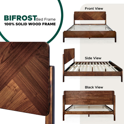 Caramel Megsu Bifrost solid wood king bed frame with sleek design and sturdy construction, shown in a modern bedroom setting.