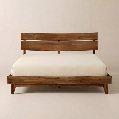 Mocha queen-sized Aurora solid wood bed frame by Megsu with a sturdy, minimalist design and natural wood finish.