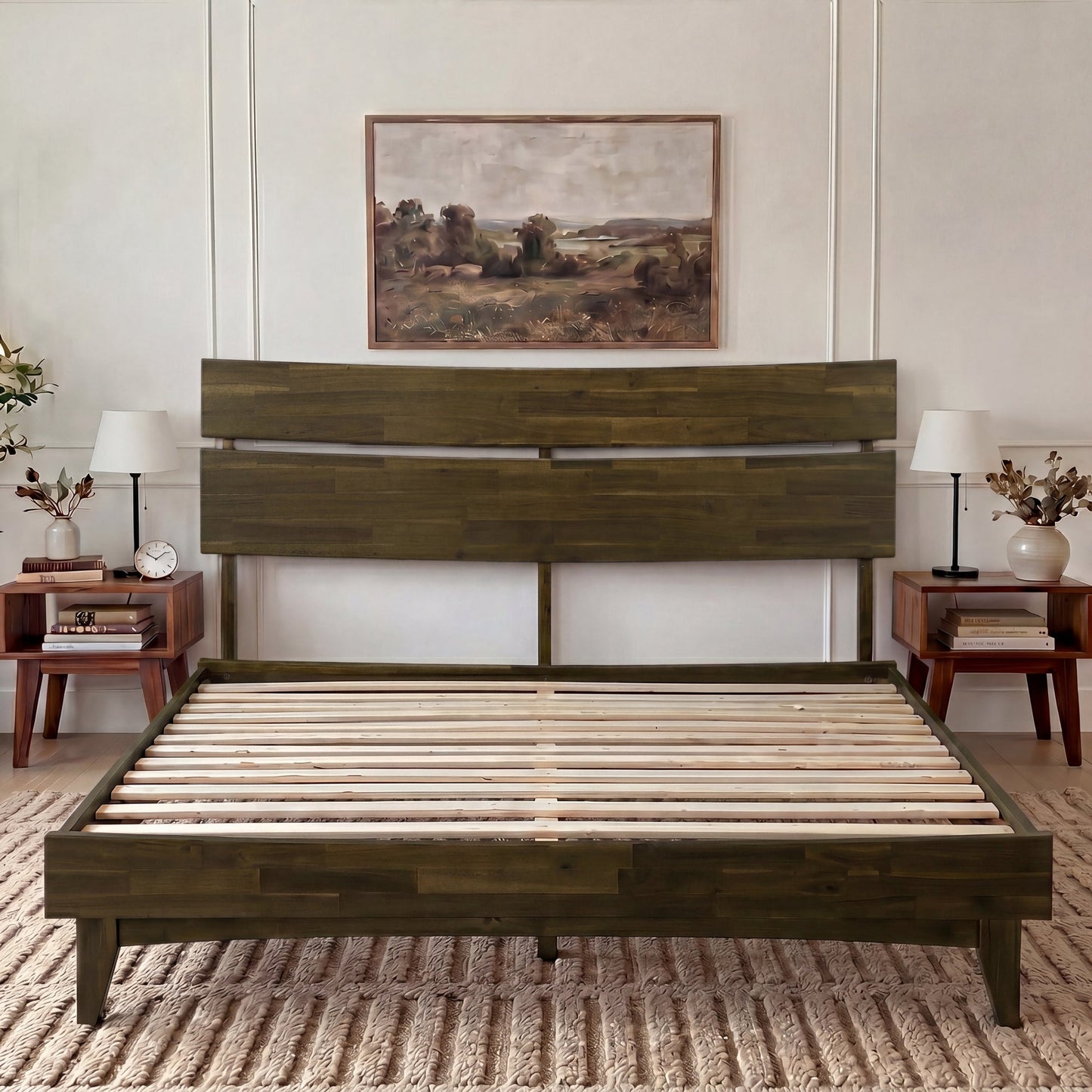 Mocha queen-sized Aurora solid wood bed frame by Megsu with a sleek, minimalist design and sturdy construction.