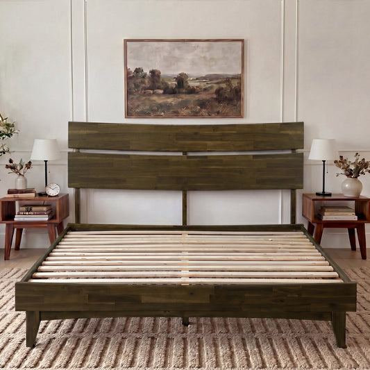 Mocha queen-sized Aurora solid wood bed frame by Megsu with a sleek, minimalist design and sturdy construction.
