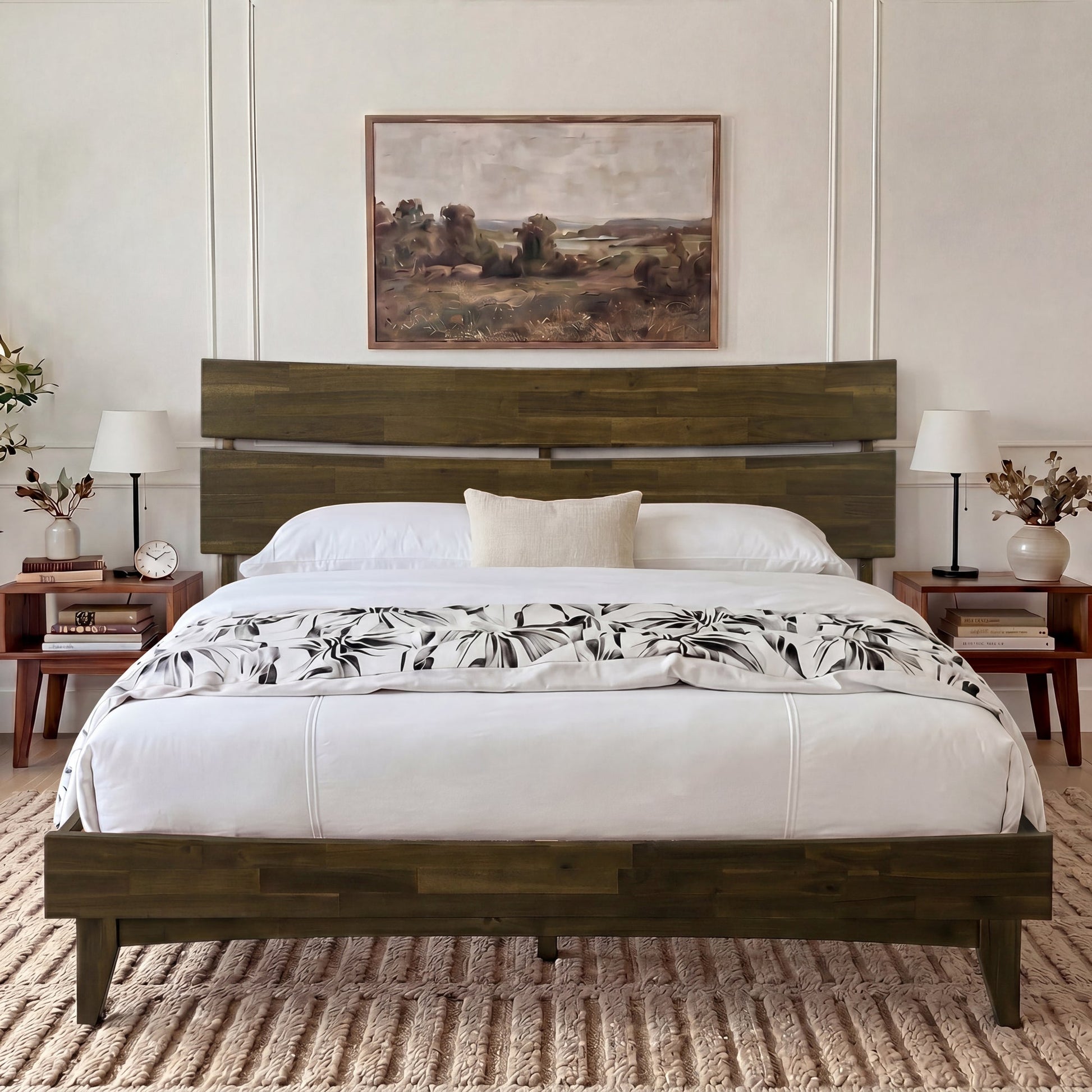Mocha queen-sized Aurora solid wood bed frame by Megsu with a sturdy, natural finish and clean, modern design.