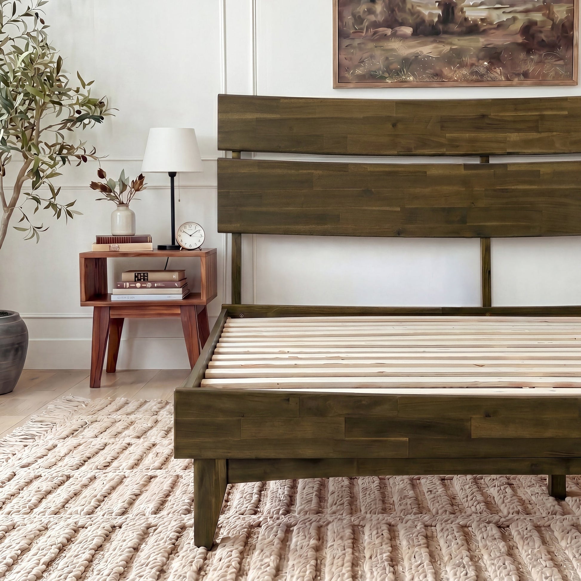 Mocha queen-size Aurora solid wood bed frame by Megsu with a sturdy, elegant design and clean lines.