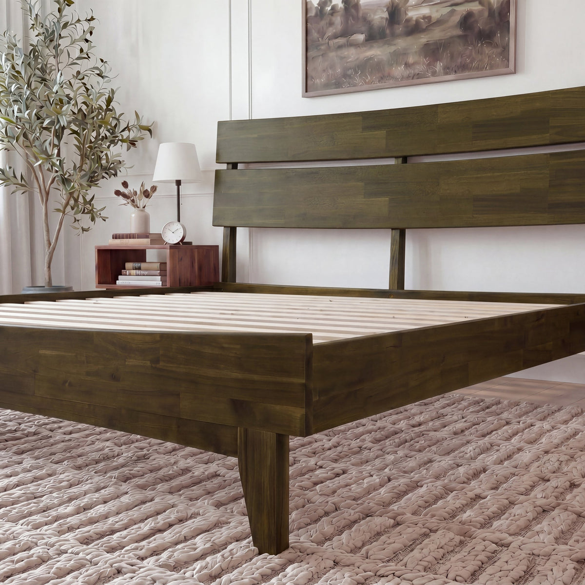 Mocha Aurora solid wood queen bed frame by Megsu with a sturdy, minimalist design and clean lines.