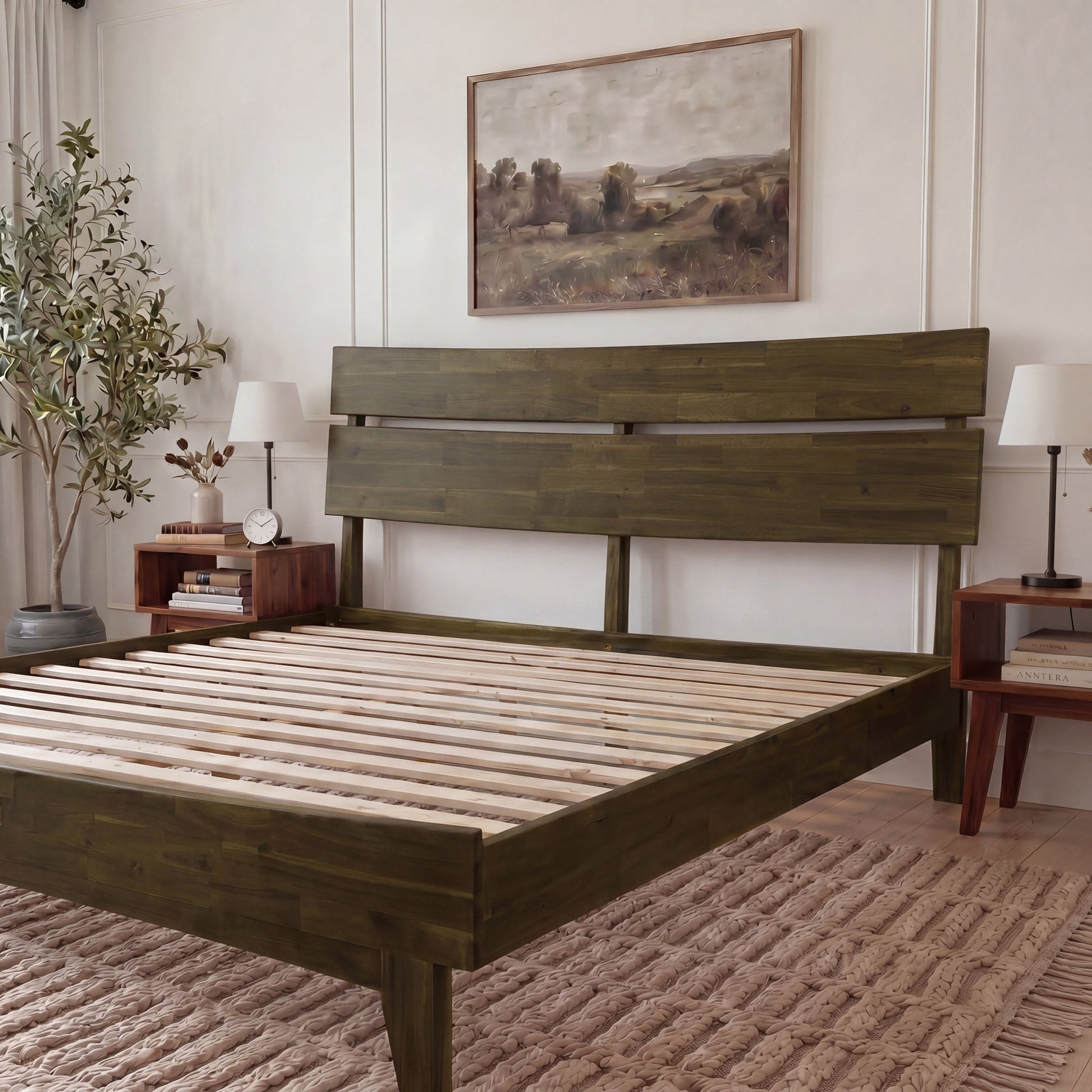 Mocha queen-sized Aurora solid wood bed frame by Megsu, showcasing a sturdy frame with a modern design and natural wood finish.