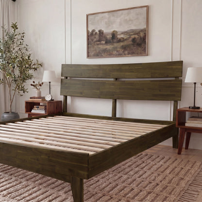 Mocha queen-sized Aurora solid wood bed frame by Megsu, showcasing a sturdy frame with a modern design and natural wood finish.