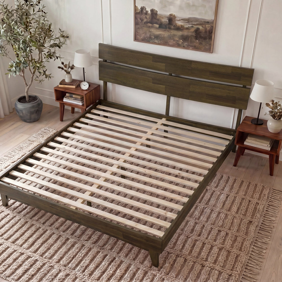 Mocha queen-sized Aurora solid wood bed frame by Megsu with a modern, sturdy design and clean lines.