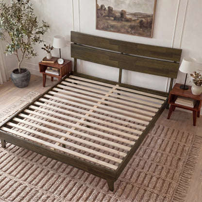 Mocha queen-sized Aurora solid wood bed frame by Megsu with a modern, sturdy design and clean lines.