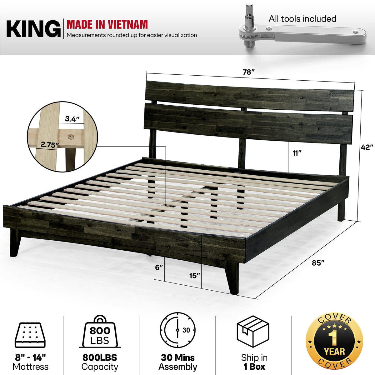 Mocha Queen Aurora Solid Wood Bed Frame by Megsu featuring a sturdy, elegant design with a natural wood finish.
