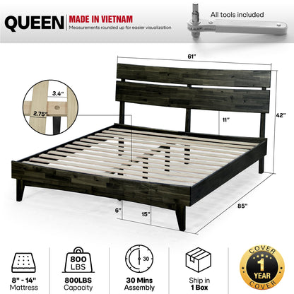 Mocha queen-sized Aurora solid wood bed frame by Megsu with a sturdy, elegant design and natural wood finish.