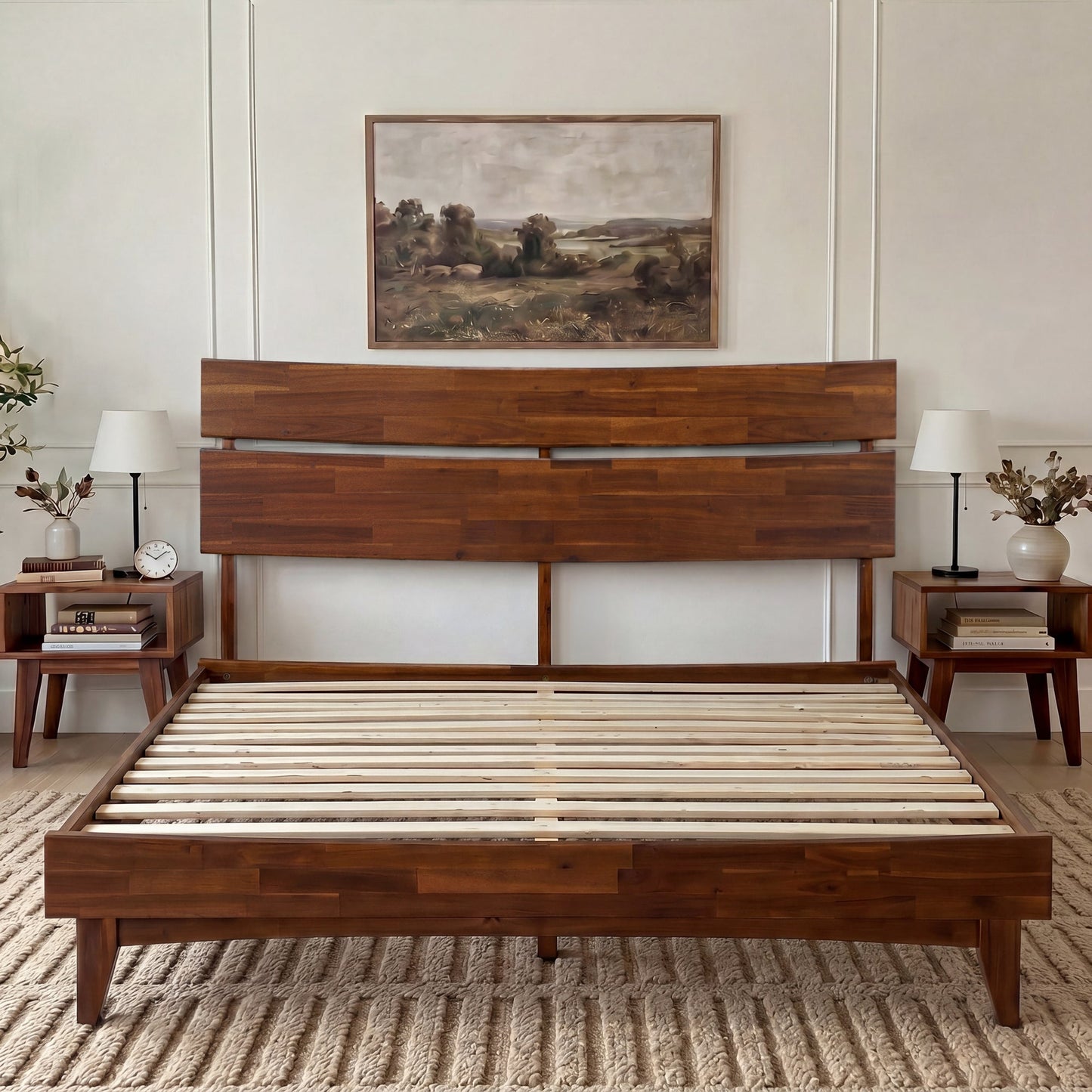 Mocha queen-sized Aurora solid wood bed frame by Megsu with a sturdy, natural finish and clean modern design.