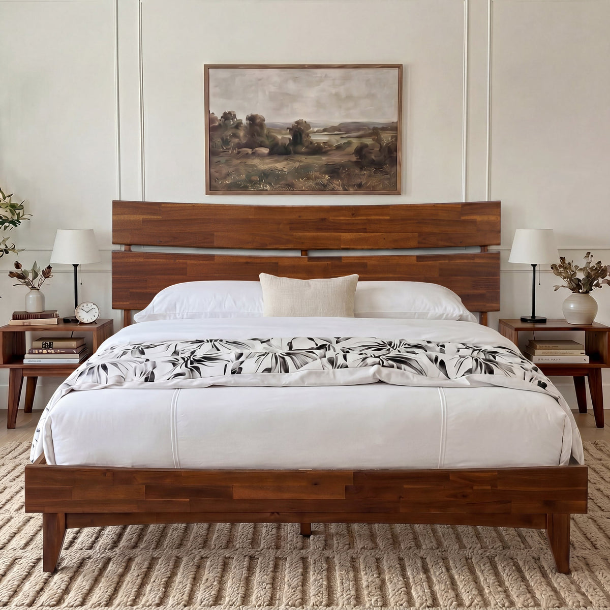Mocha Aurora solid wood queen bed frame by Megsu with a sturdy, elegant design and clean lines in a modern bedroom setting.