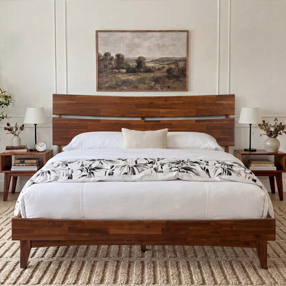 Mocha Aurora solid wood queen bed frame by Megsu with a sturdy, elegant design and clean lines in a modern bedroom setting.