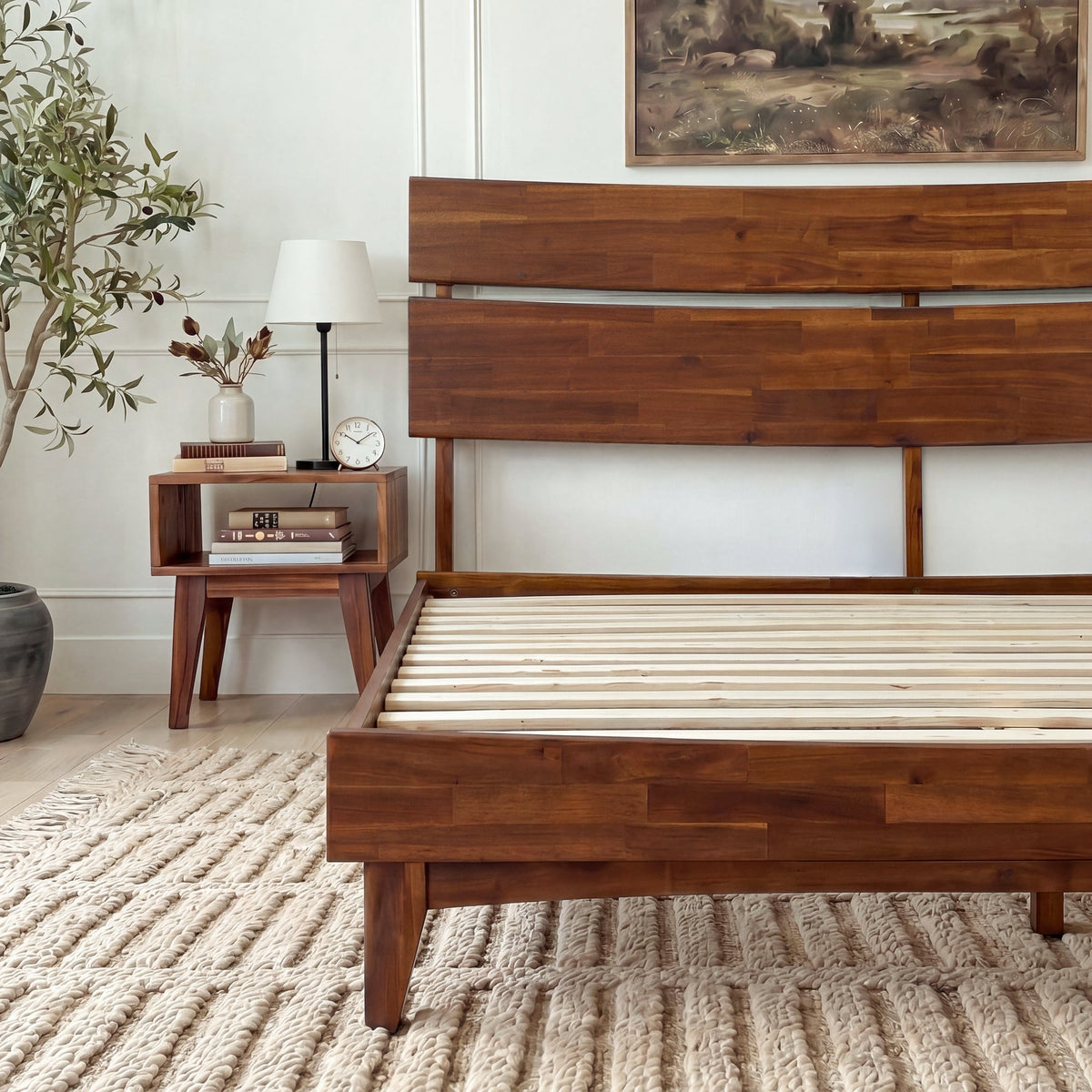 Mocha Queen Aurora solid wood bed frame by Megsu, showcasing a sturdy, elegant design with a natural wood finish.