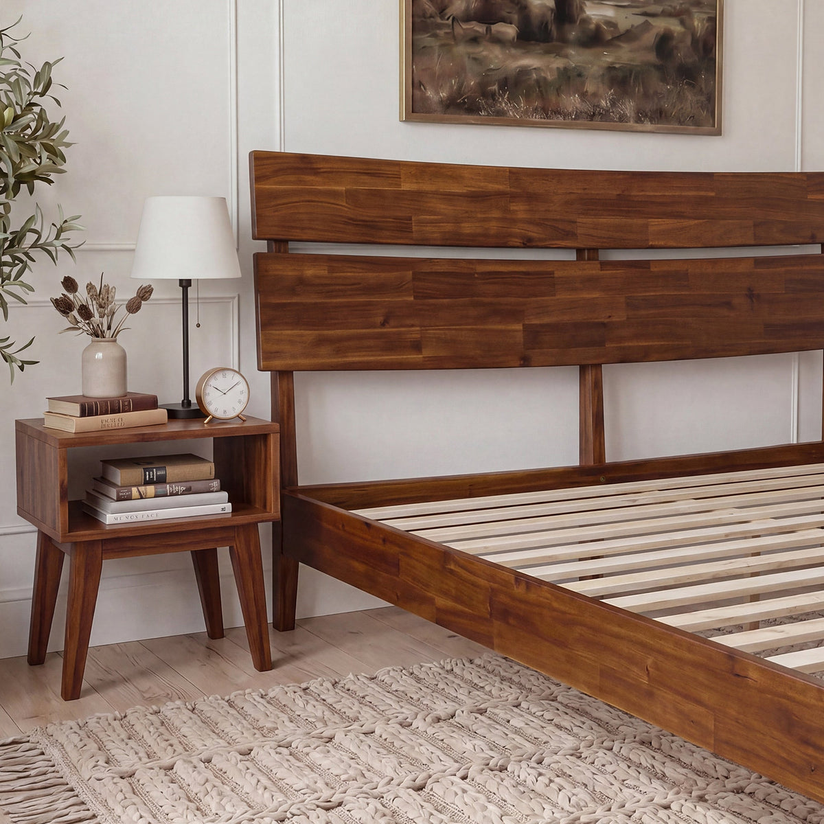 Mocha queen-sized Aurora solid wood bed frame by Megsu with a sturdy, natural finish and clean design for a modern bedroom.