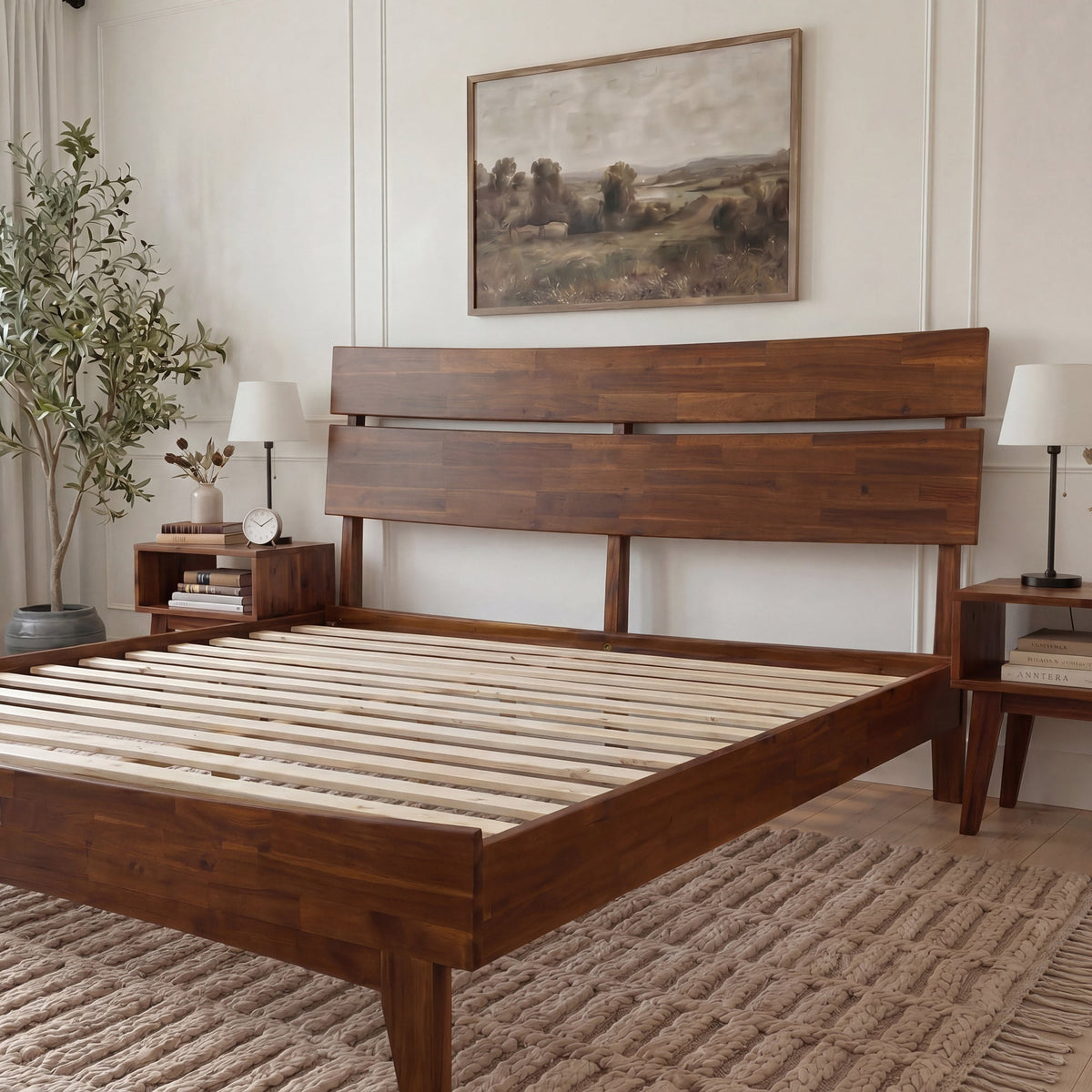 Mocha queen-sized Aurora solid wood bed frame by Megsu with a sleek, modern design and sturdy construction.
