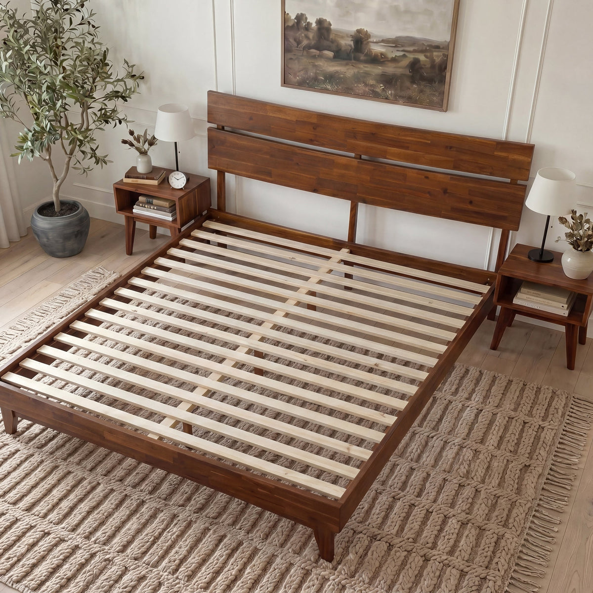 Mocha queen-sized Aurora solid wood bed frame by Megsu, showcasing the sturdy frame with a sleek, modern design.