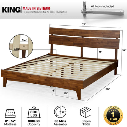 Mocha queen-sized Aurora solid wood bed frame by Megsu, showcasing its sturdy construction and sleek design.