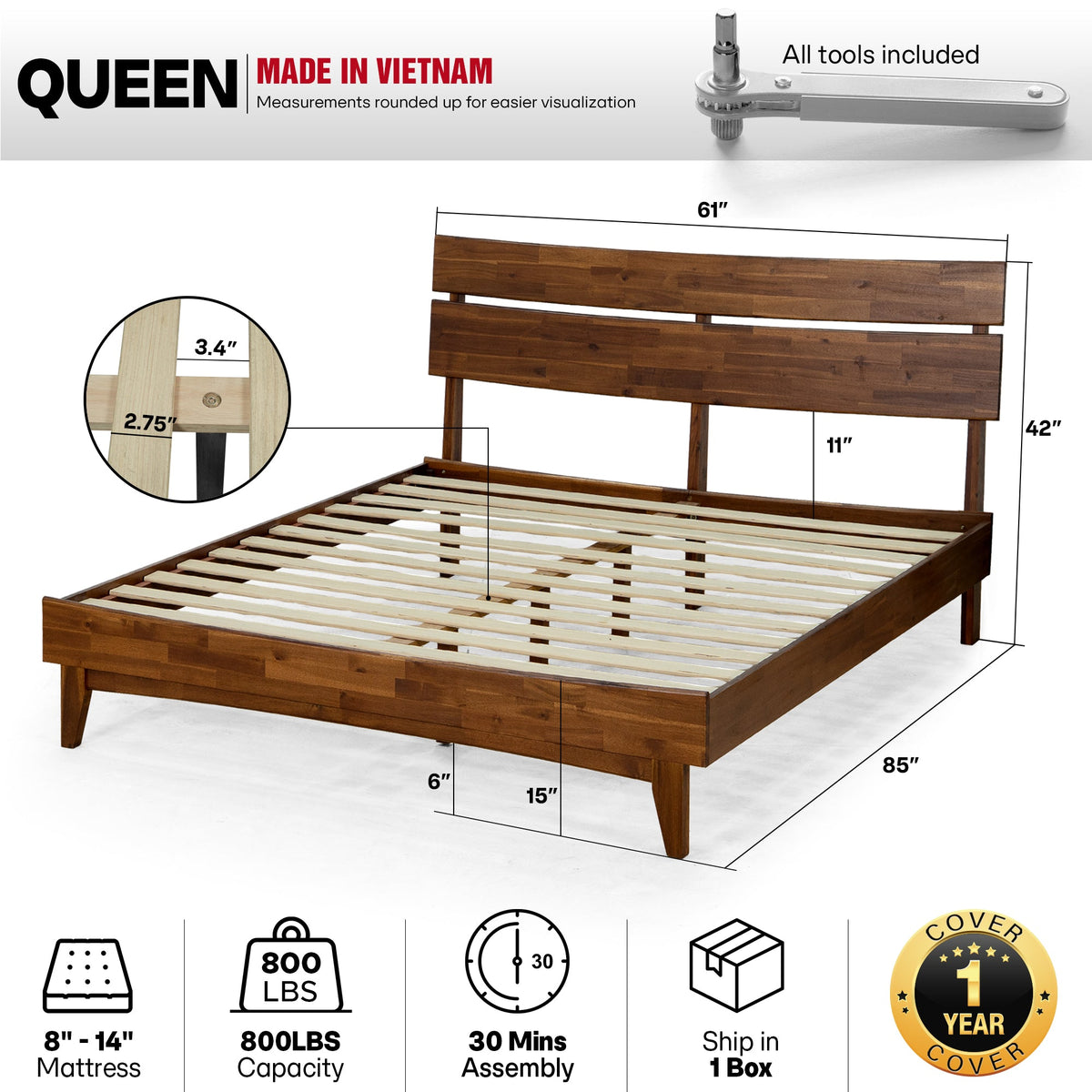 Mocha queen-sized Aurora solid wood bed frame by Megsu with a sturdy, modern design and natural wood finish.