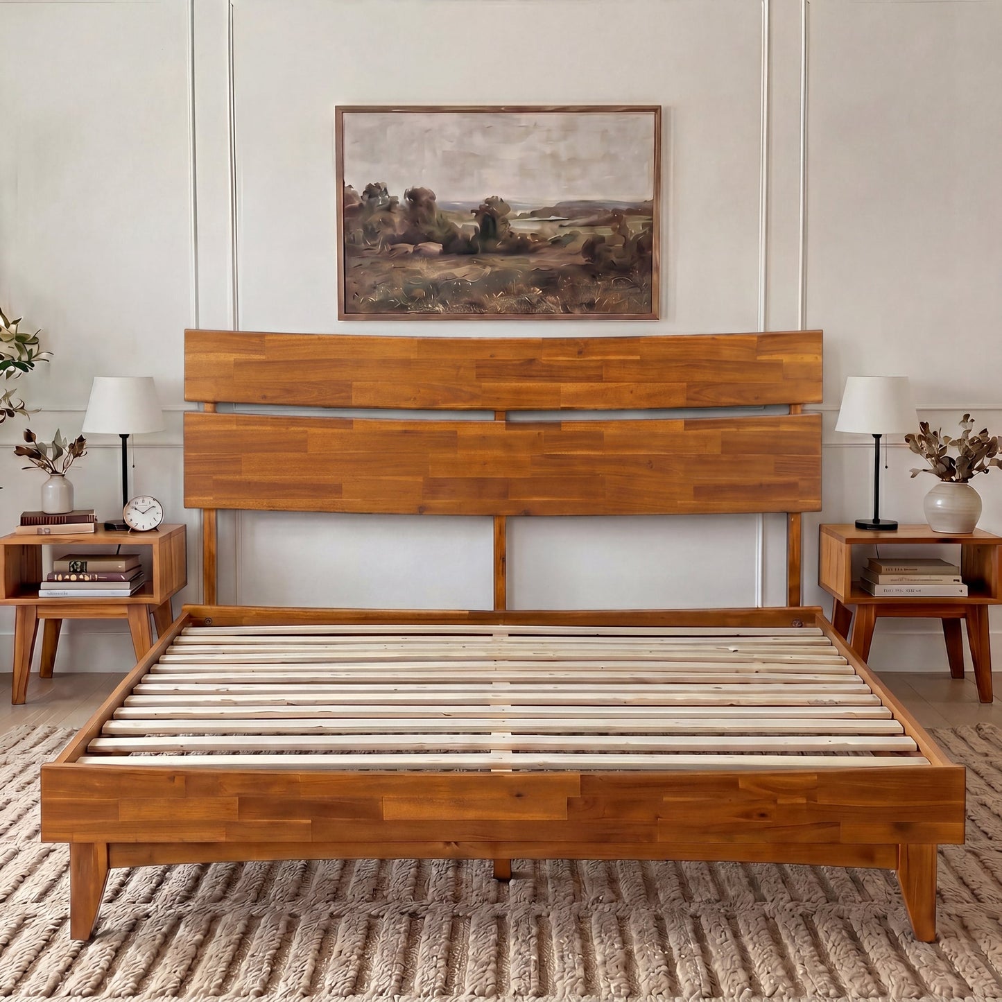Mocha queen-sized Aurora solid wood bed frame by Megsu with a sleek, modern design and sturdy construction.