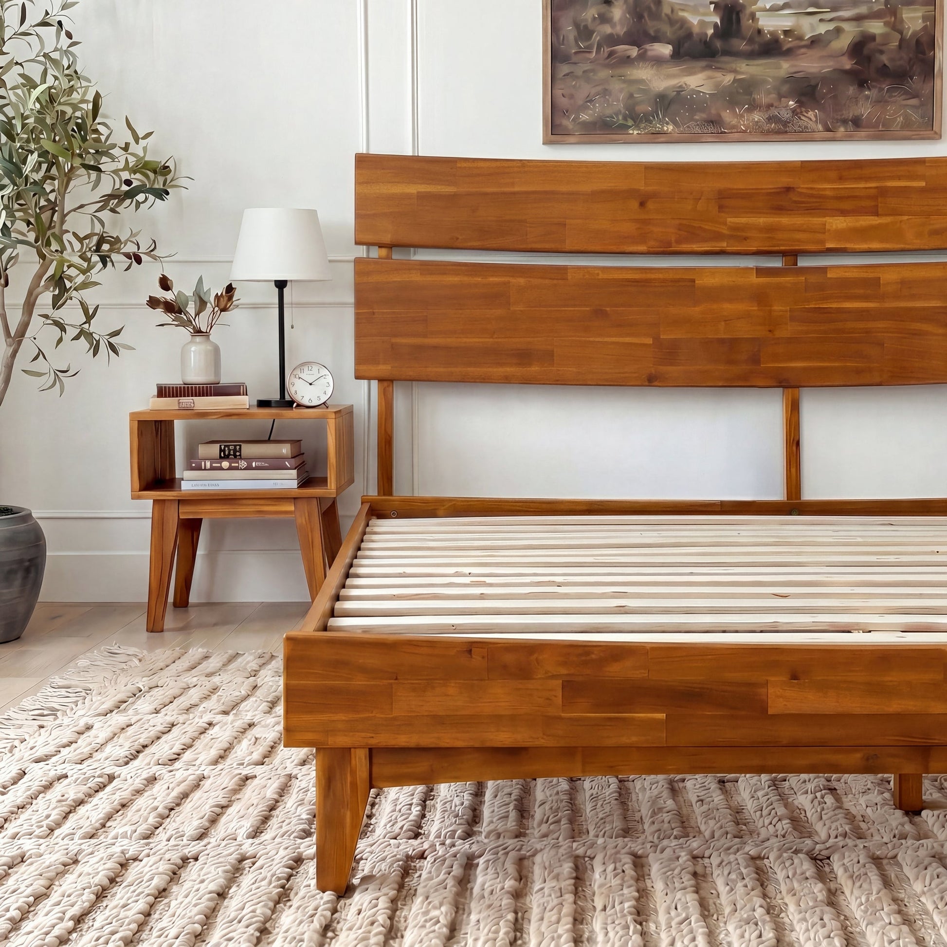 Mocha queen-sized Aurora solid wood bed frame by Megsu, showcasing the sturdy construction and sleek design.