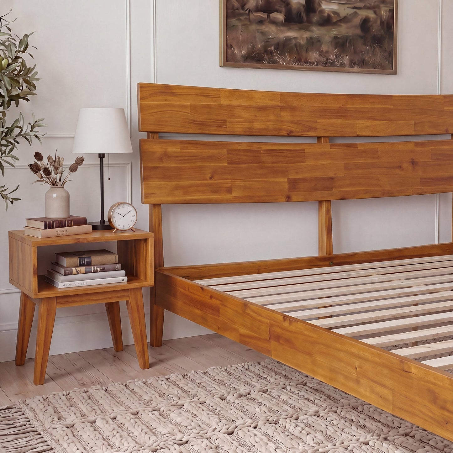 Mocha queen-sized Aurora solid wood bed frame by Megsu, showcasing a sturdy wooden structure with a modern design.
