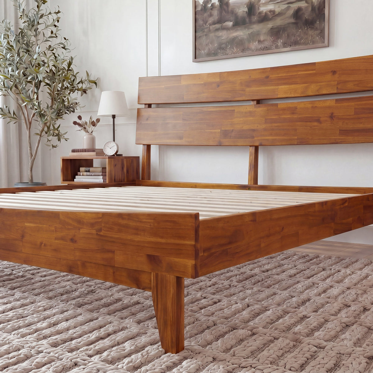 Mocha queen-sized Aurora solid wood bed frame by Megsu with a sturdy, elegant design and natural wood finish.